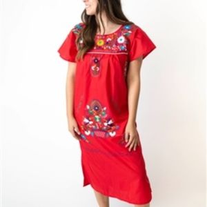 Hand-stitched Floral Red Mexican Dress